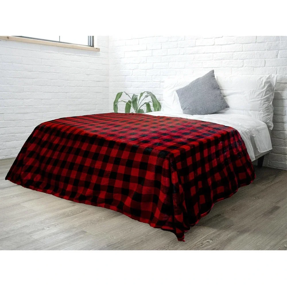 Buffalo Check Plaid Plush Fleece Blanket Throw  Red Black - Picture 2 of 3